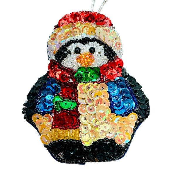 Penguin Sequin Beaded Ornament Trinket Box Blue Satin W Gift Pouch Handmade - Picture 13 of 13